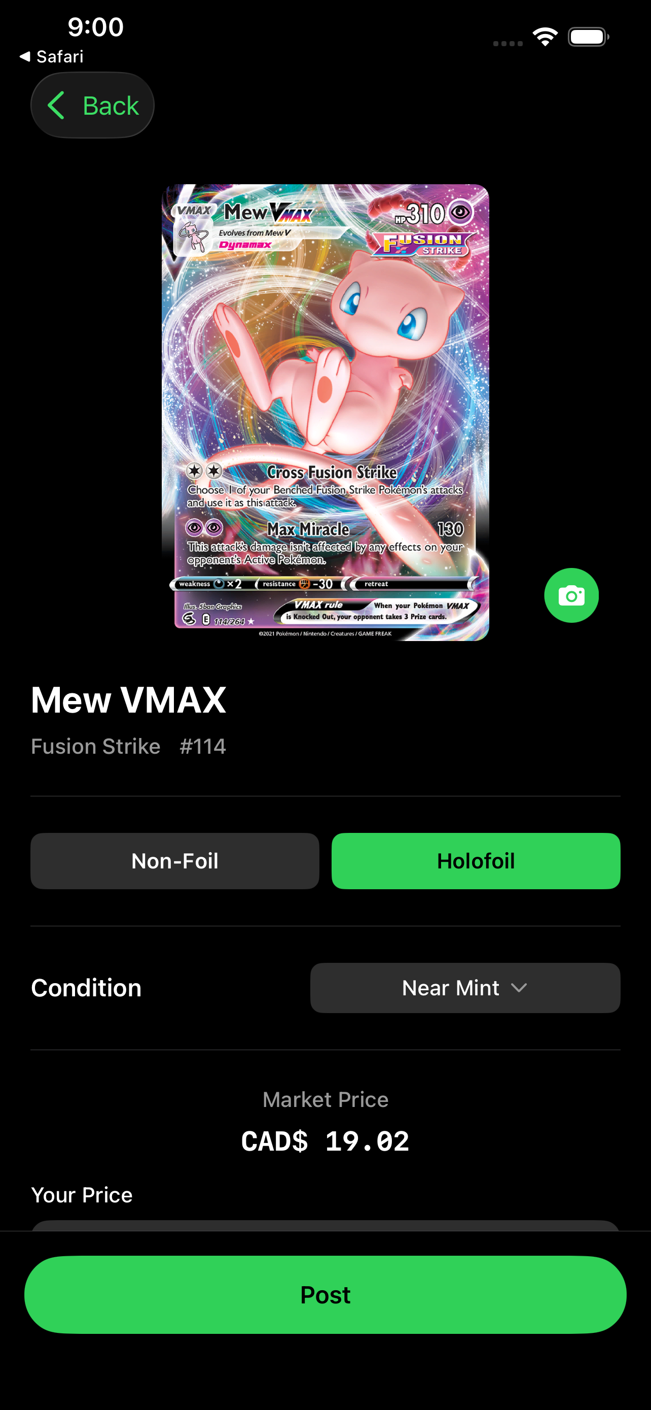 TCG Sell app showing a Mew VMAX card detail with market price and listing options